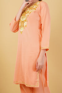 Kashmiri Aari embroidery Cotton Co-ord set Size-42 (Peach)