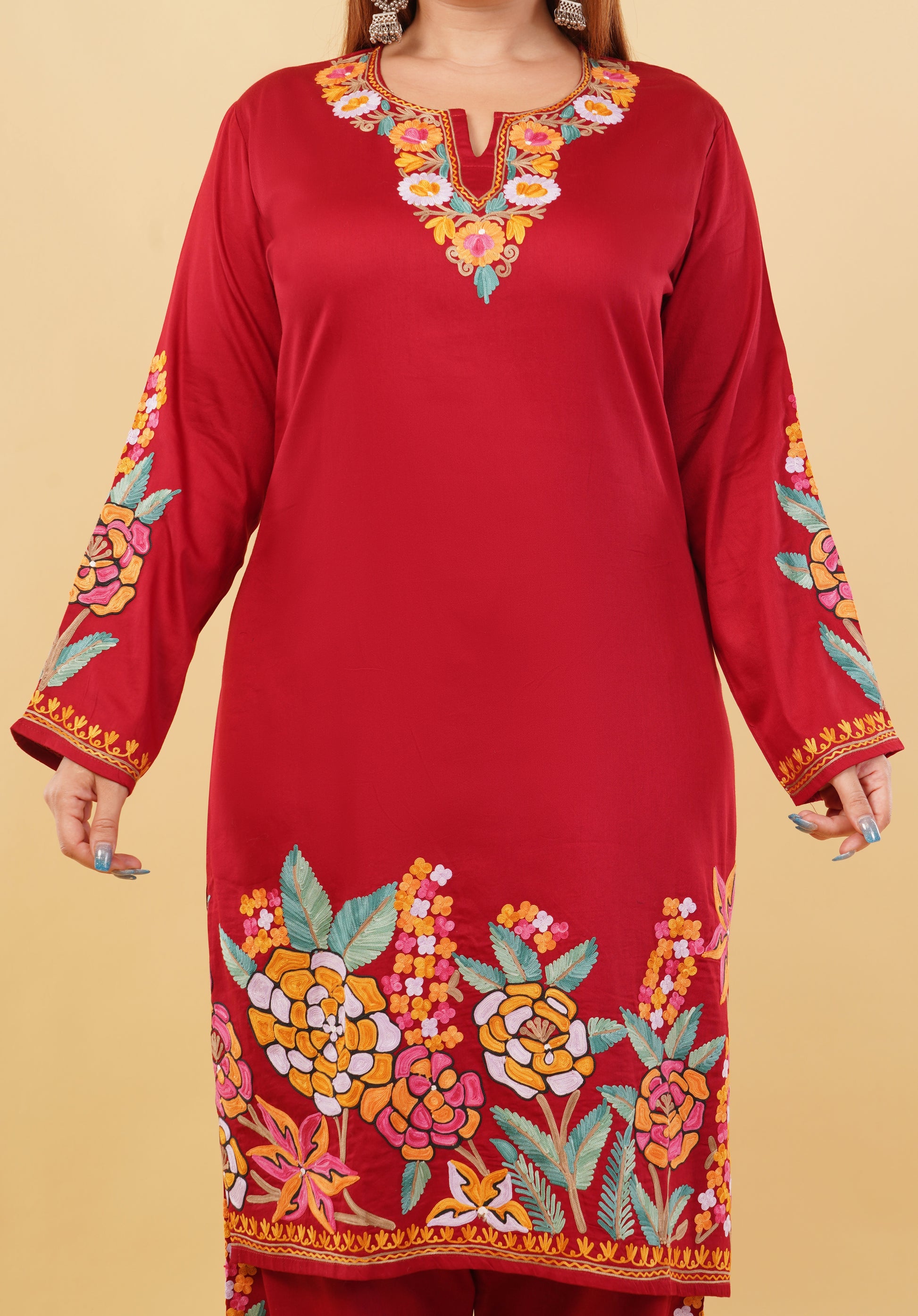 Kashmiri Aari embroidery Jaam Cotton Co-ord set Size-48 (Red)