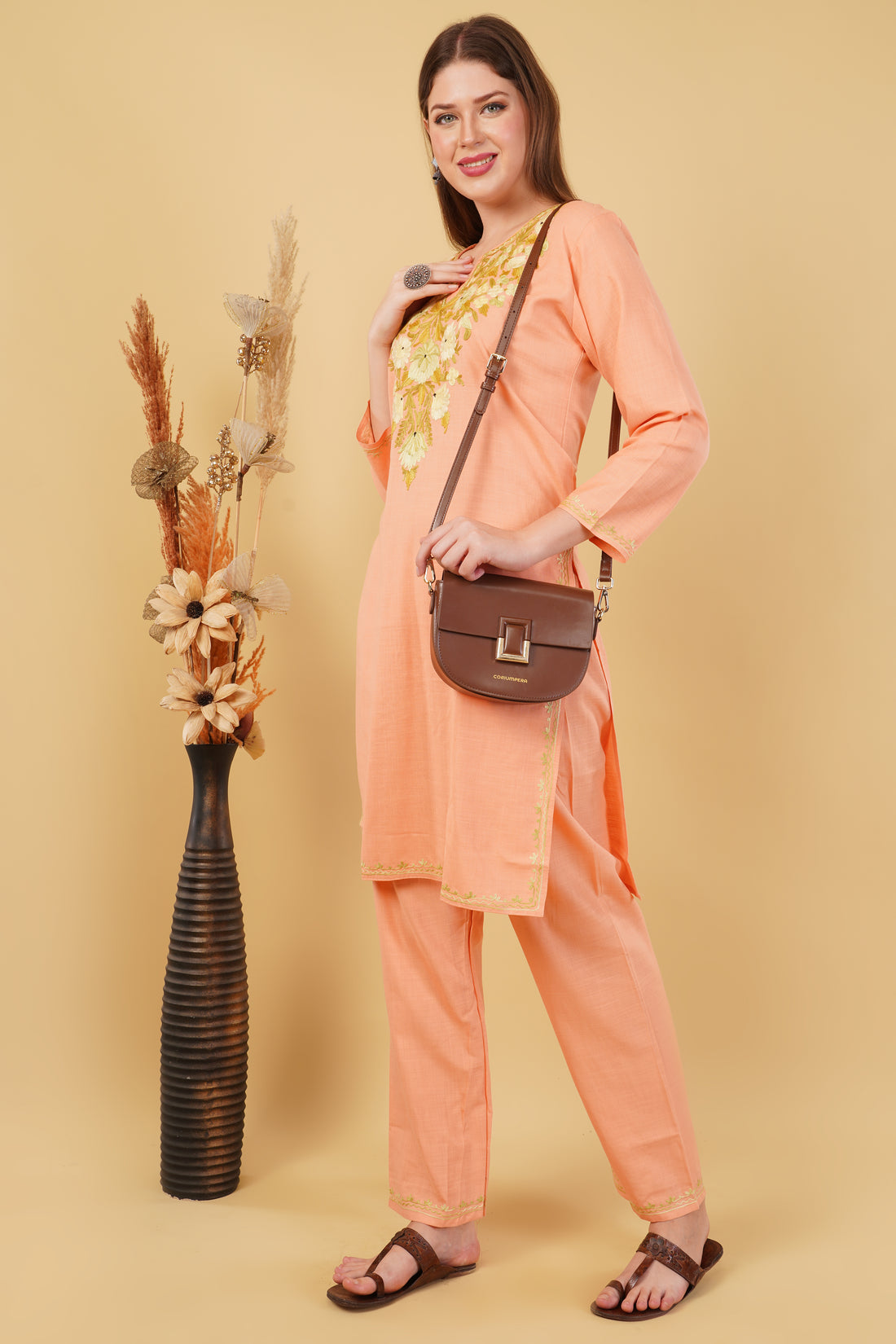 Kashmiri Aari embroidery Cotton Co-ord set Size-42 (Peach)