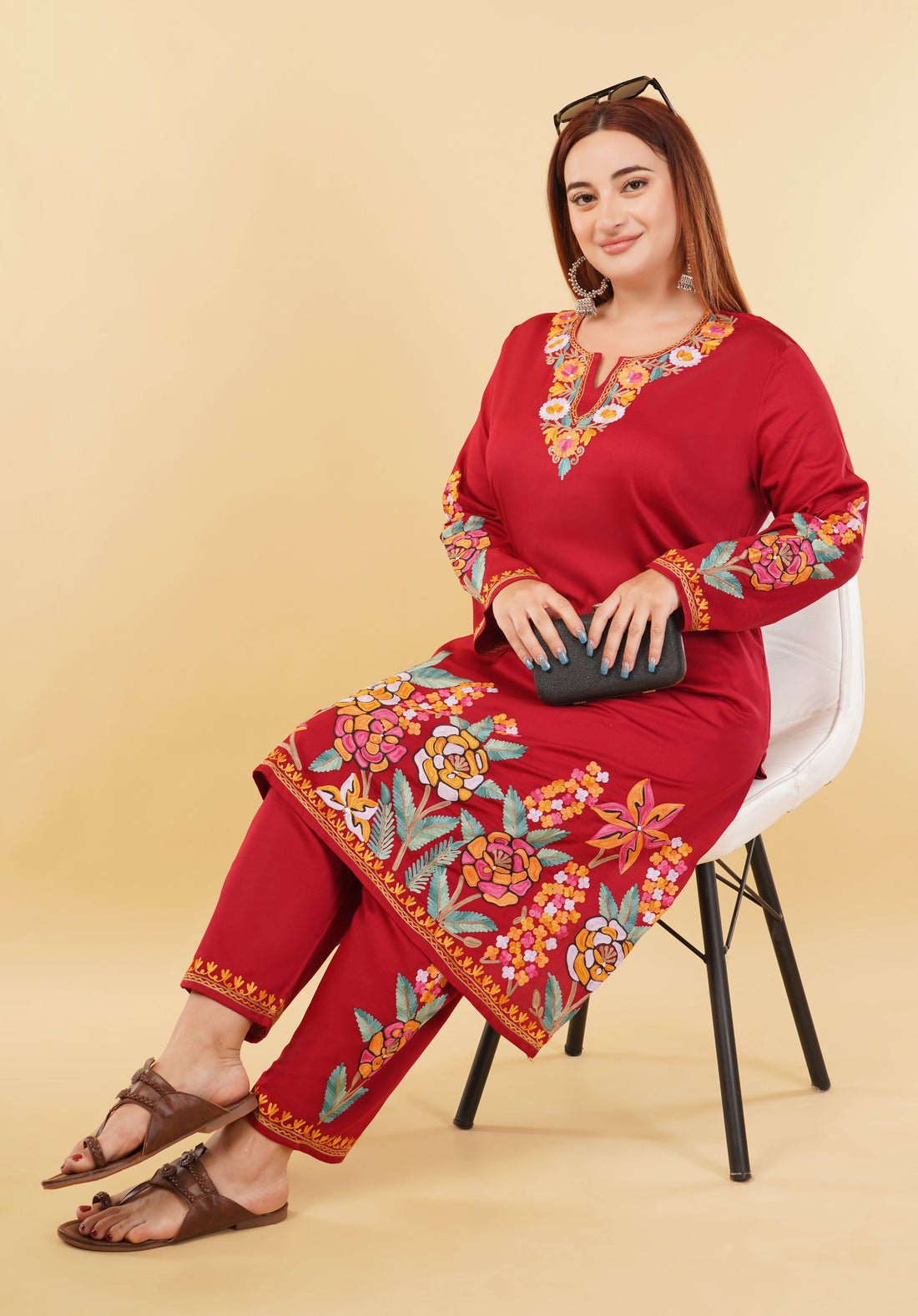 Kashmiri Aari embroidery Jaam Cotton Co-ord set Size-48 (Red)