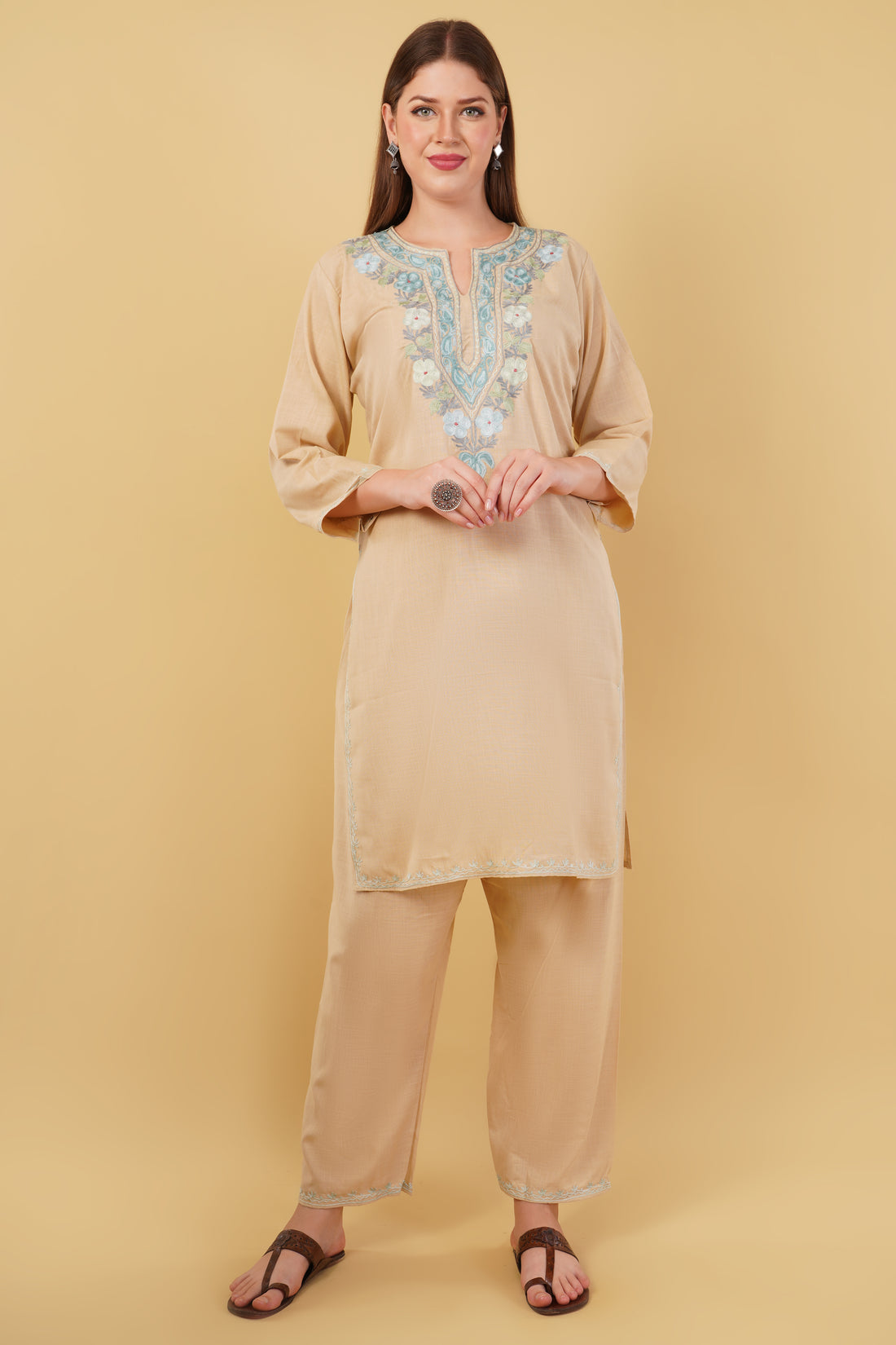 Kashmiri Aari embroidery Cotton Co-ord set Size-42 (Beige)
