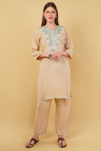 Kashmiri Aari embroidery Cotton Co-ord set Size-42 (Beige)