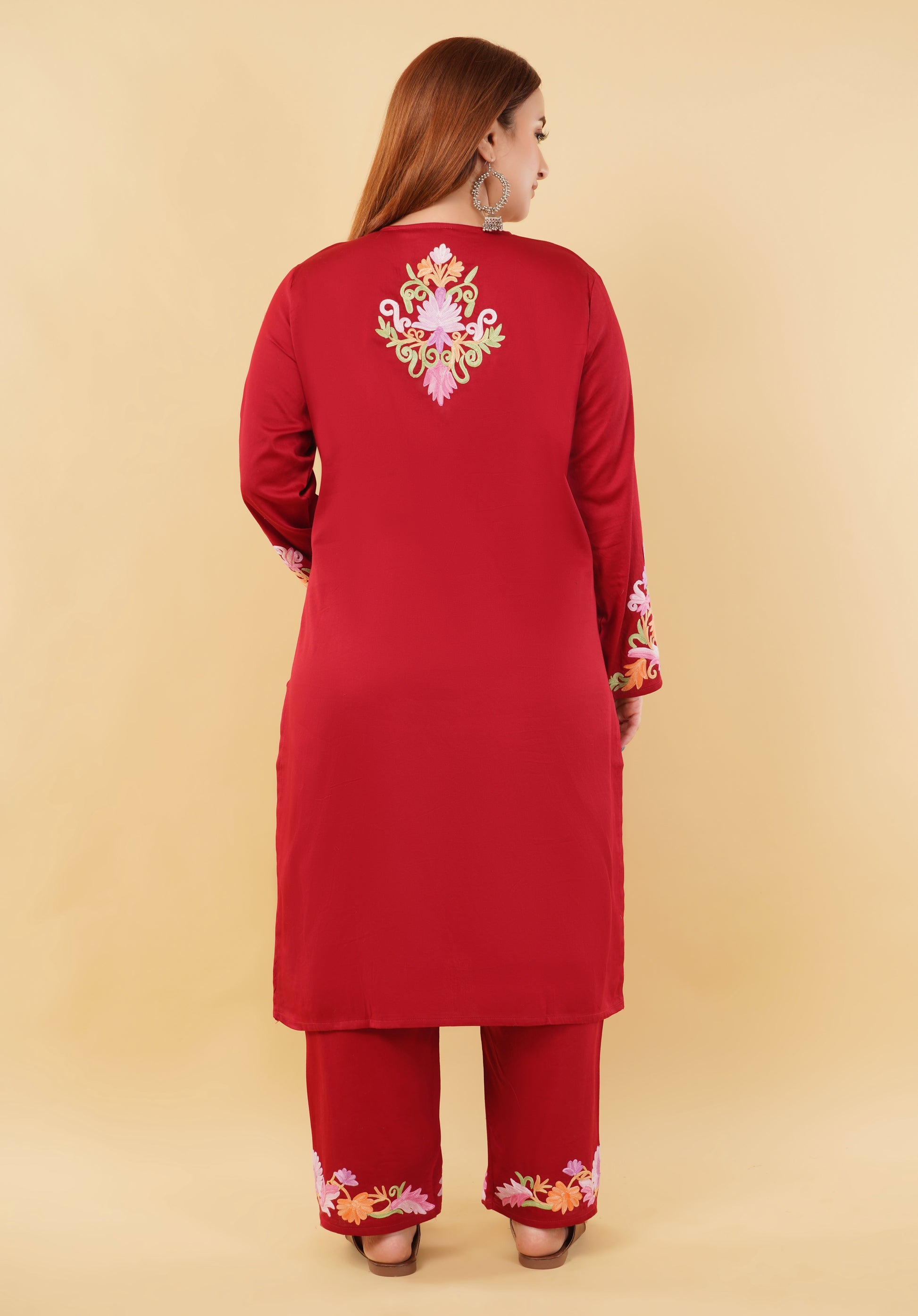 Kashmiri Aari embroidery Jaam Cotton Co-ord set Size-48 (Red)