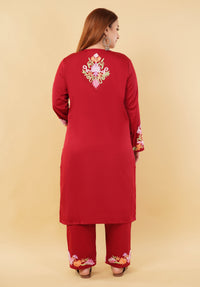 Kashmiri Aari embroidery Jaam Cotton Co-ord set Size-48 (Red)