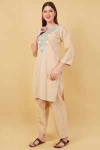 Kashmiri Aari embroidery Cotton Co-ord set Size-42 (Beige)