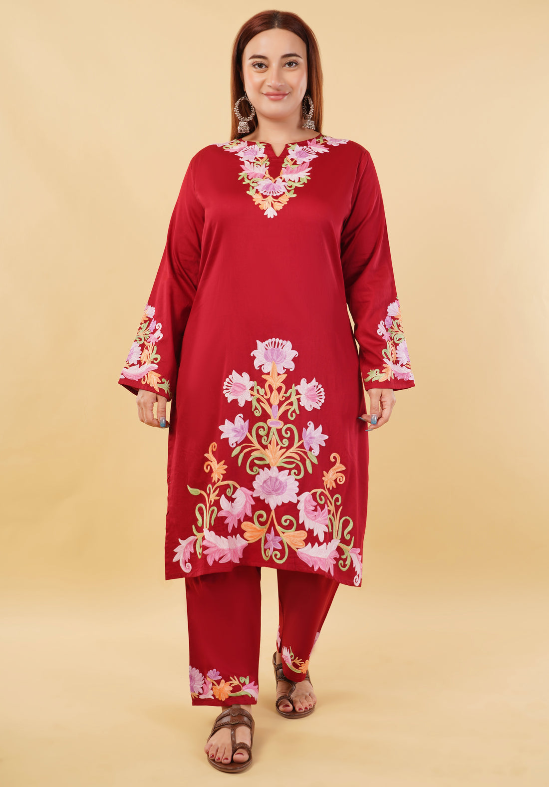 Kashmiri Aari embroidery Jaam Cotton Co-ord set Size-48 (Red)
