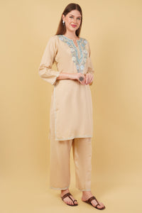 Kashmiri Aari embroidery Cotton Co-ord set Size-42 (Beige)