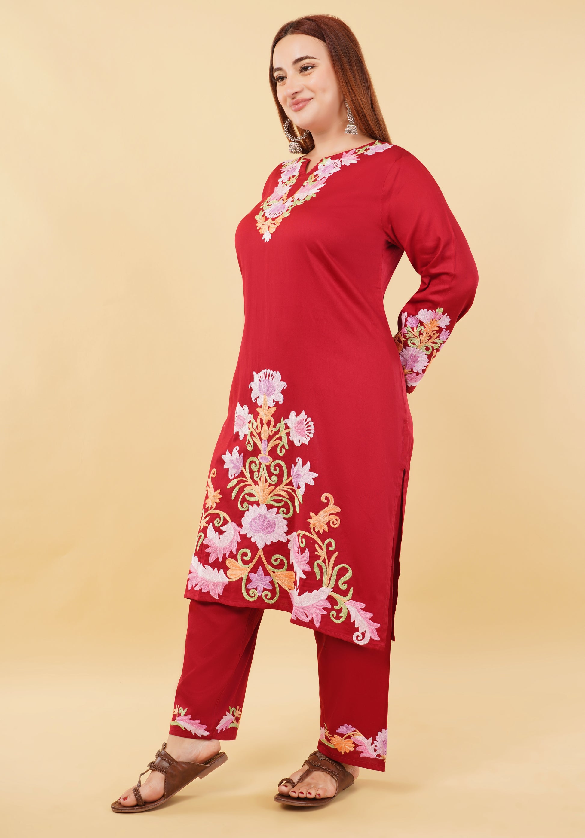 Kashmiri Aari embroidery Jaam Cotton Co-ord set Size-48 (Red)