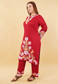 Kashmiri Aari embroidery Jaam Cotton Co-ord set Size-48 (Red)