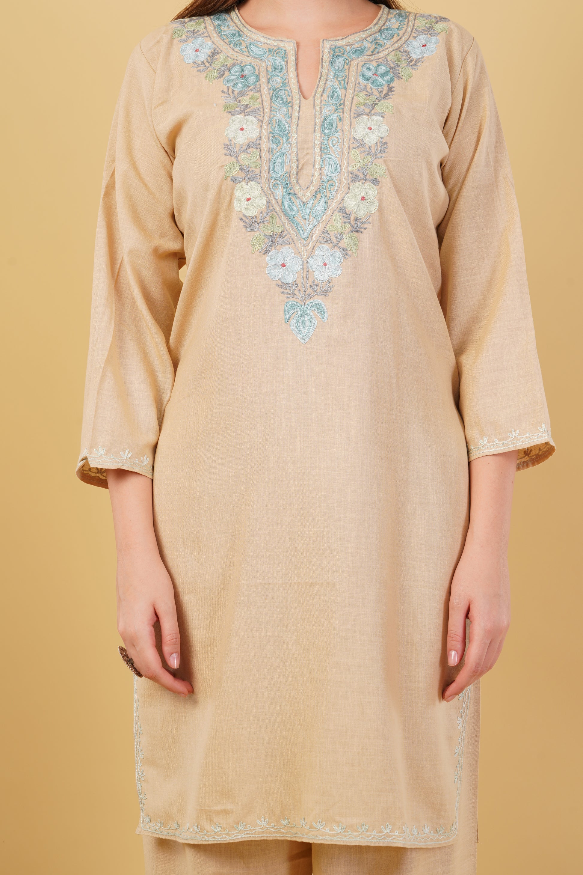 Kashmiri Aari embroidery Cotton Co-ord set Size-42 (Beige)