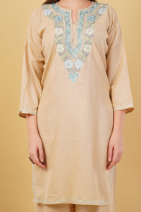 Kashmiri Aari embroidery Cotton Co-ord set Size-42 (Beige)