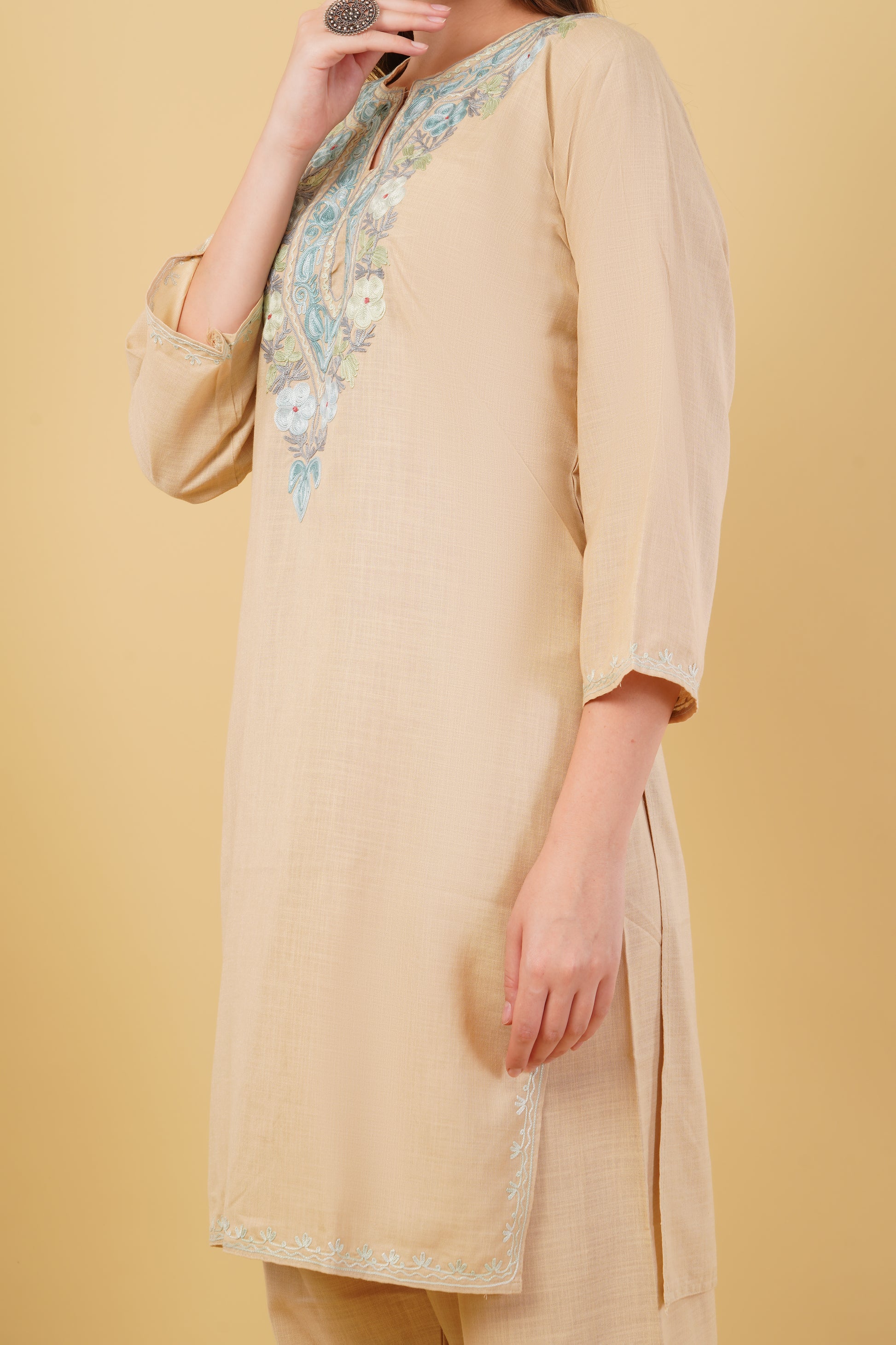 Kashmiri Aari embroidery Cotton Co-ord set Size-42 (Beige)