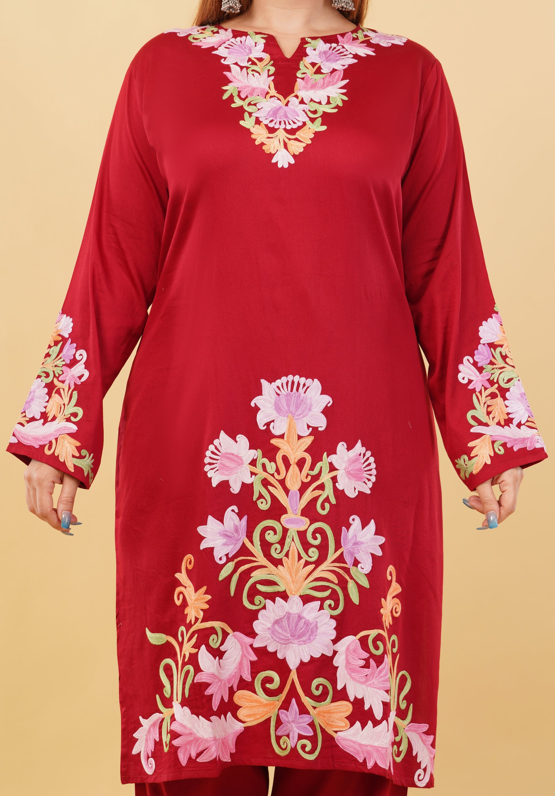 Kashmiri Aari embroidery Jaam Cotton Co-ord set Size-48 (Red)