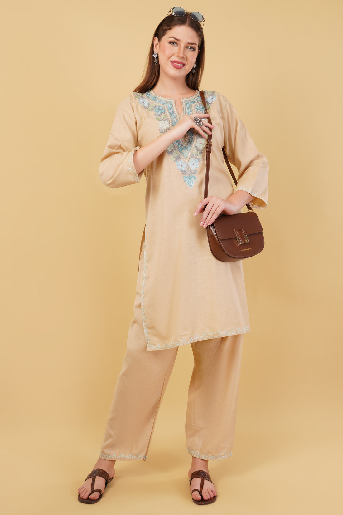Kashmiri Aari embroidery Cotton Co-ord set Size-42 (Beige)