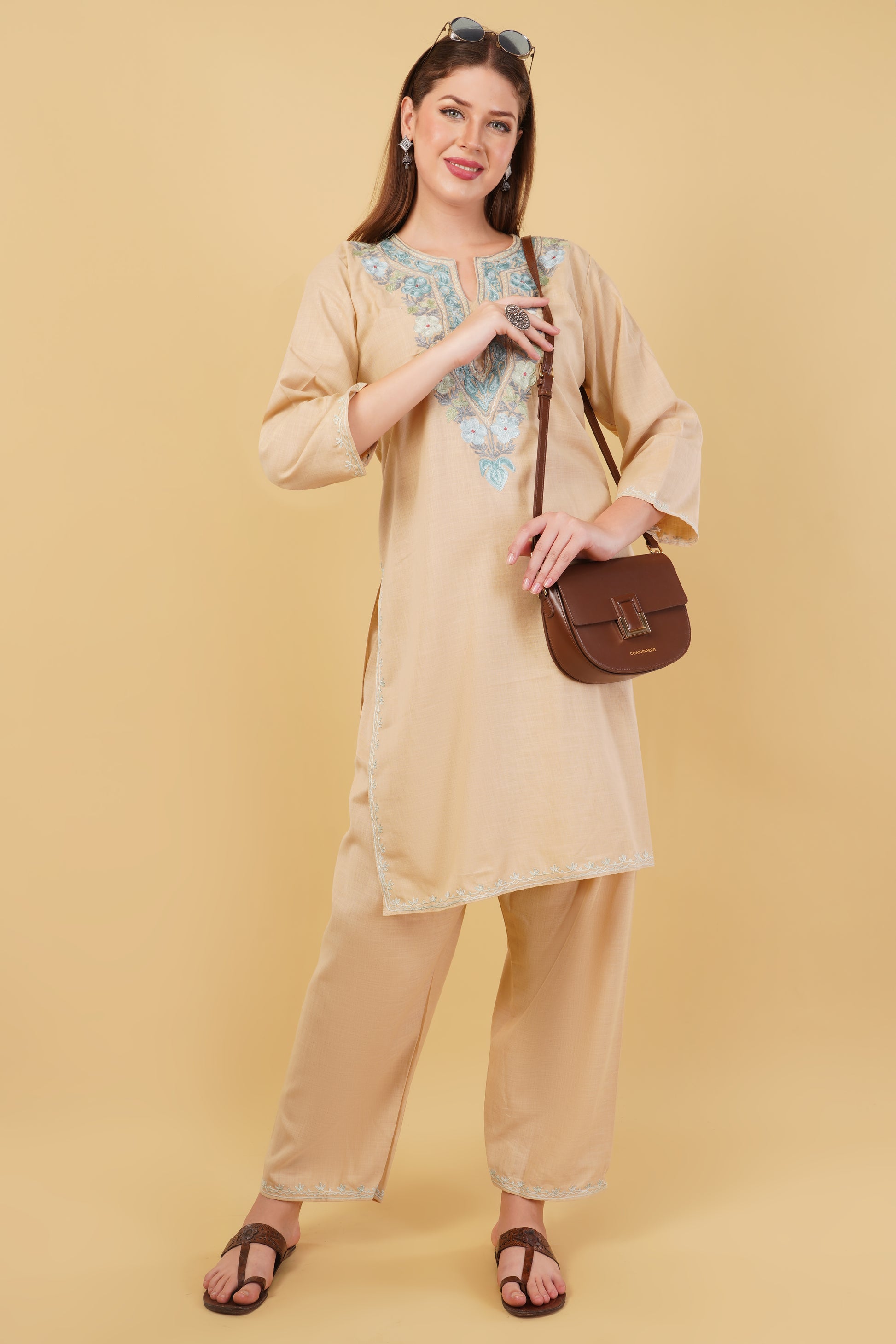 Kashmiri Aari embroidery Cotton Co-ord set Size-42 (Beige)