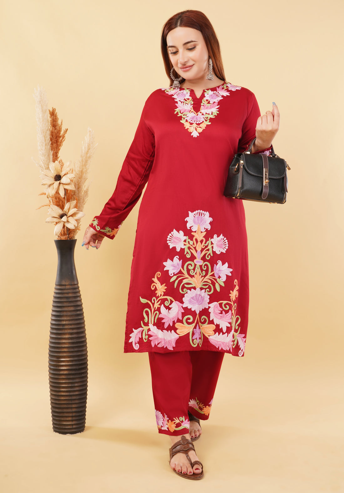 Kashmiri Aari embroidery Jaam Cotton Co-ord set Size-48 (Red)