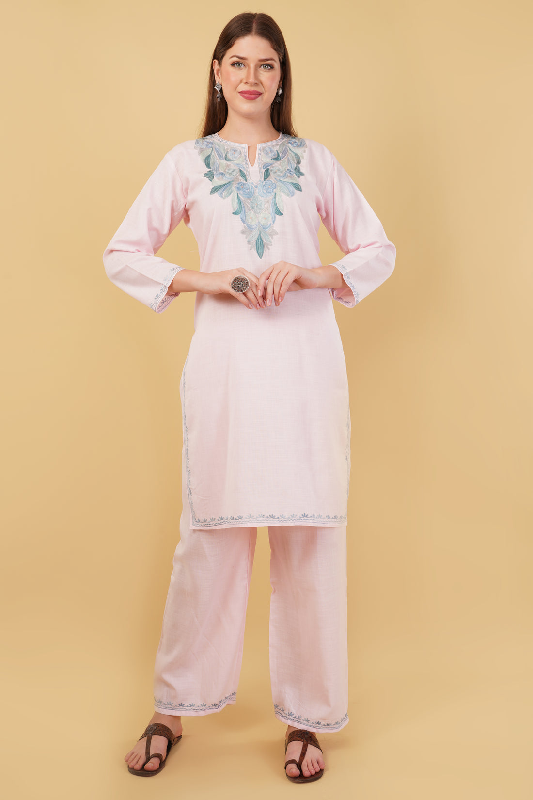 Kashmiri Aari embroidery Cotton Co-ord set Size-42 (Baby Pink)