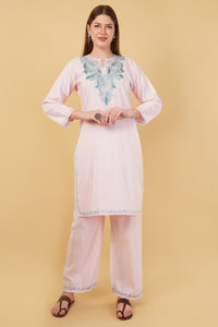 Kashmiri Aari embroidery Cotton Co-ord set Size-42 (Baby Pink)