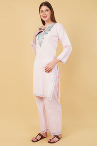 Kashmiri Aari embroidery Cotton Co-ord set Size-42 (Baby Pink)