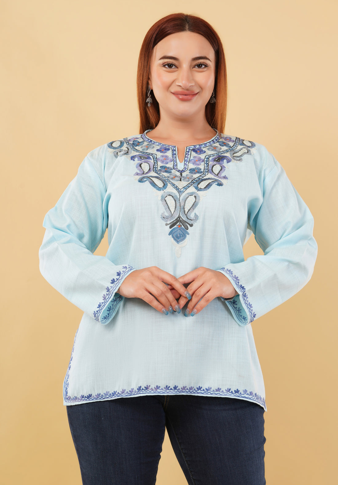 Kashmiri Aari embroidery Cotton Short Kurti Size-46 (Sky Blue)