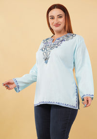 Kashmiri Aari embroidery Cotton Short Kurti Size-46 (Sky Blue)