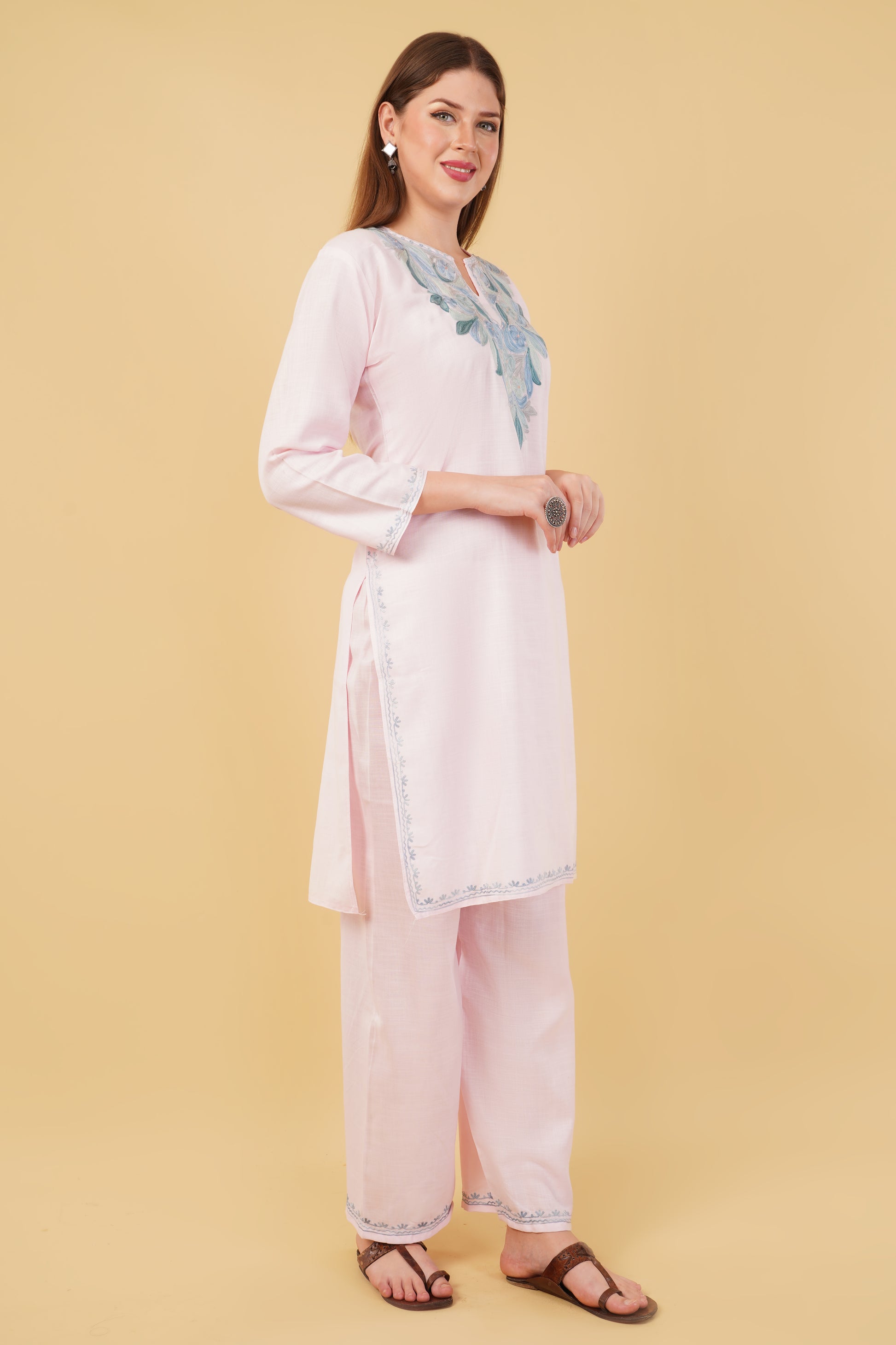 Kashmiri Aari embroidery Cotton Co-ord set Size-42 (Baby Pink)
