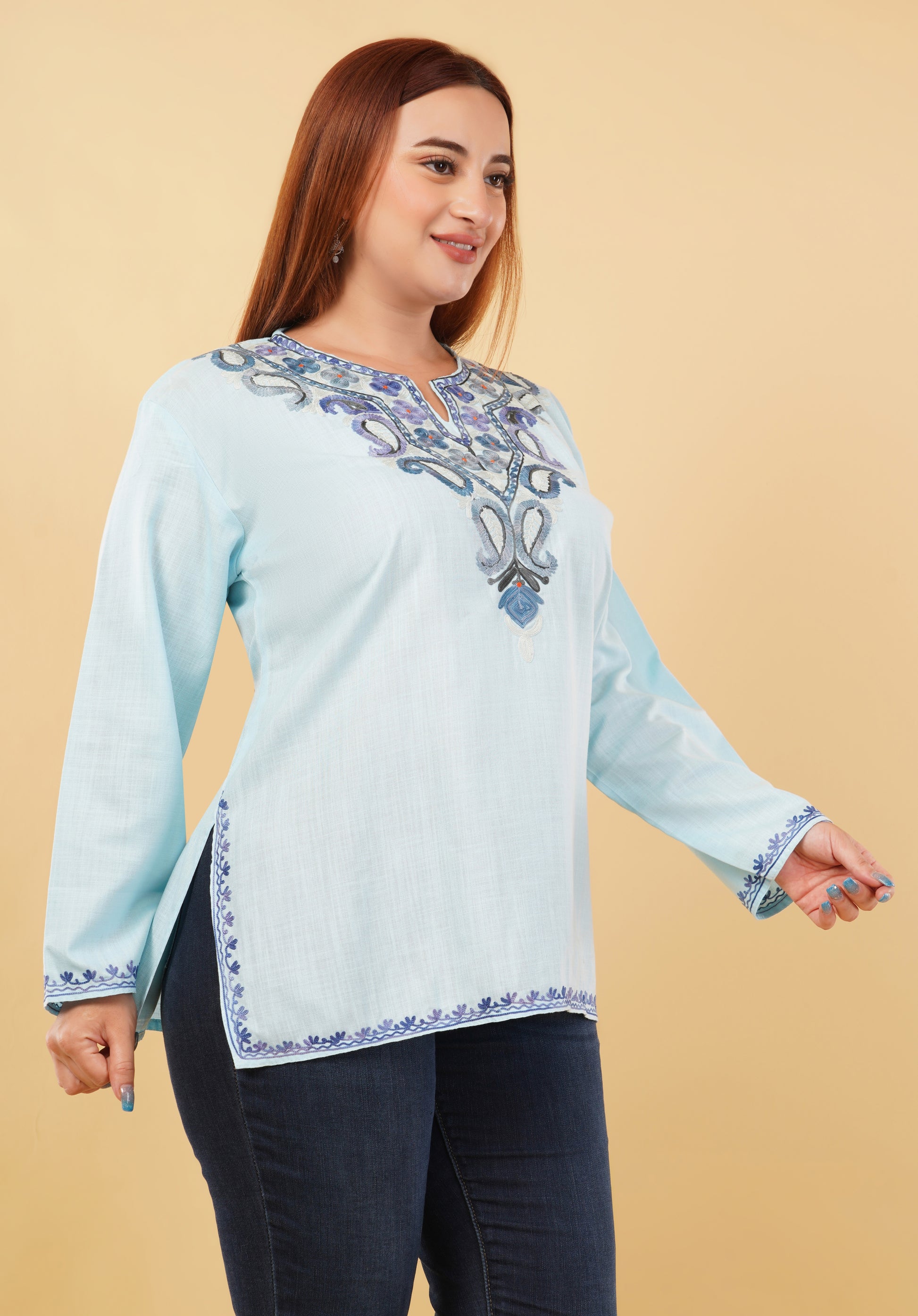 Kashmiri Aari embroidery Cotton Short Kurti Size-46 (Sky Blue)