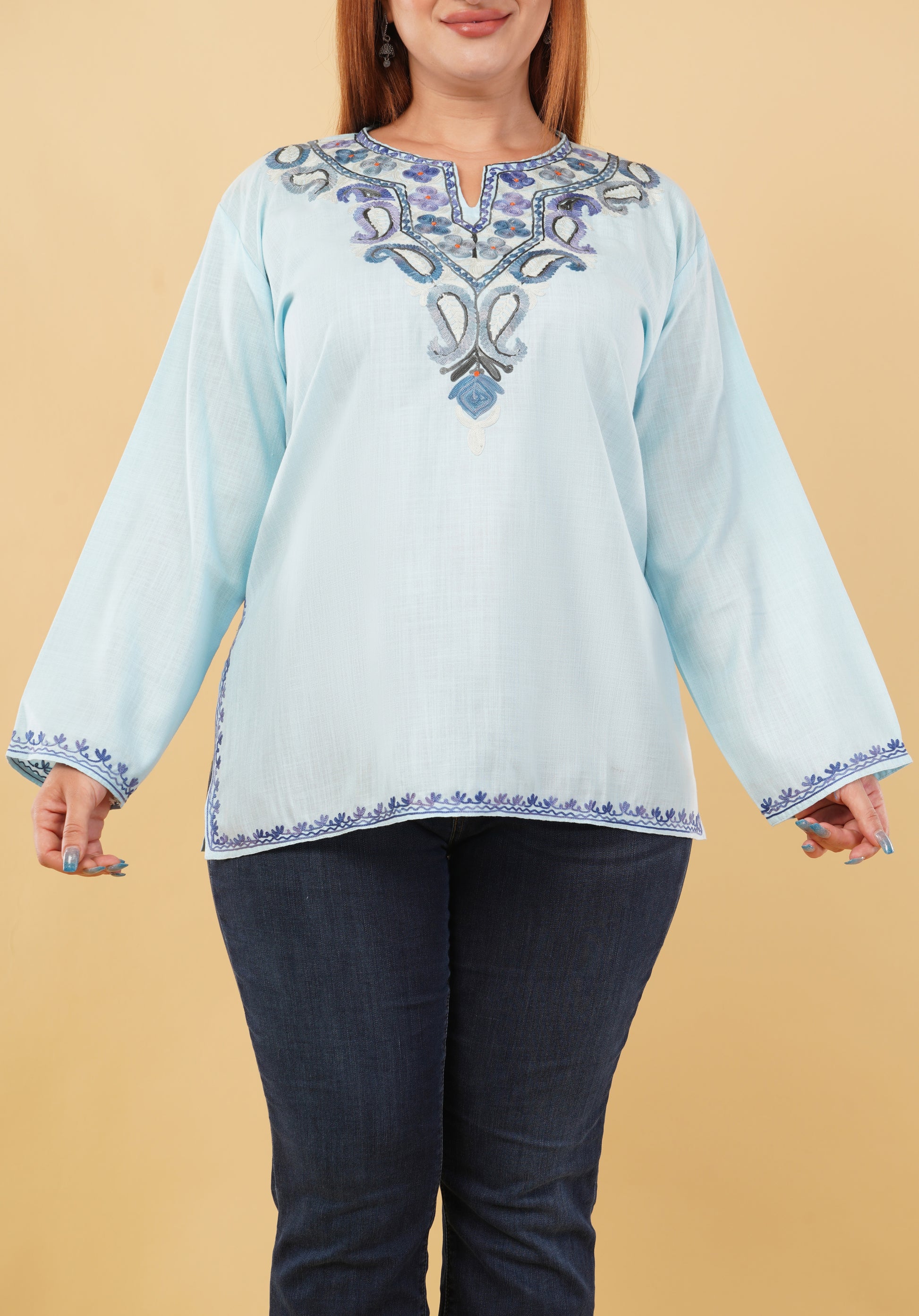 Kashmiri Aari embroidery Cotton Short Kurti Size-46 (Sky Blue)