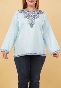 Kashmiri Aari embroidery Cotton Short Kurti Size-46 (Sky Blue)