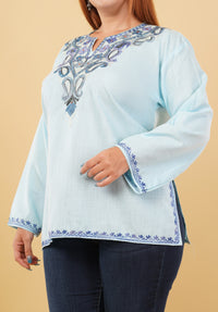 Kashmiri Aari embroidery Cotton Short Kurti Size-46 (Sky Blue)