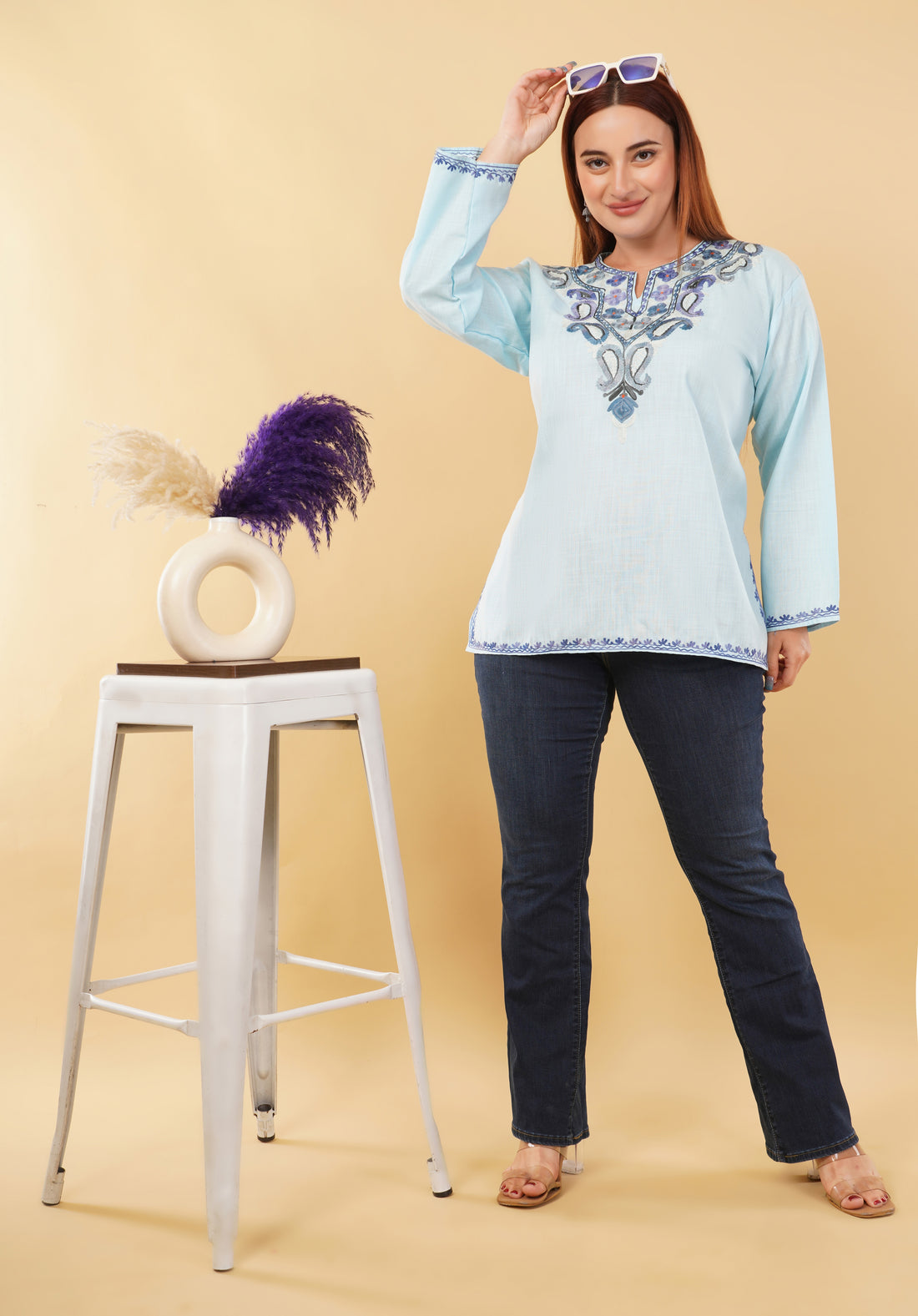 Kashmiri Aari embroidery Cotton Short Kurti Size-46 (Sky Blue)