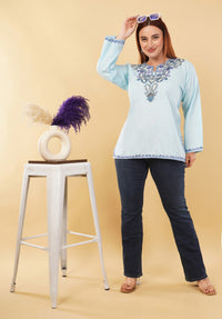 Kashmiri Aari embroidery Cotton Short Kurti Size-46 (Sky Blue)