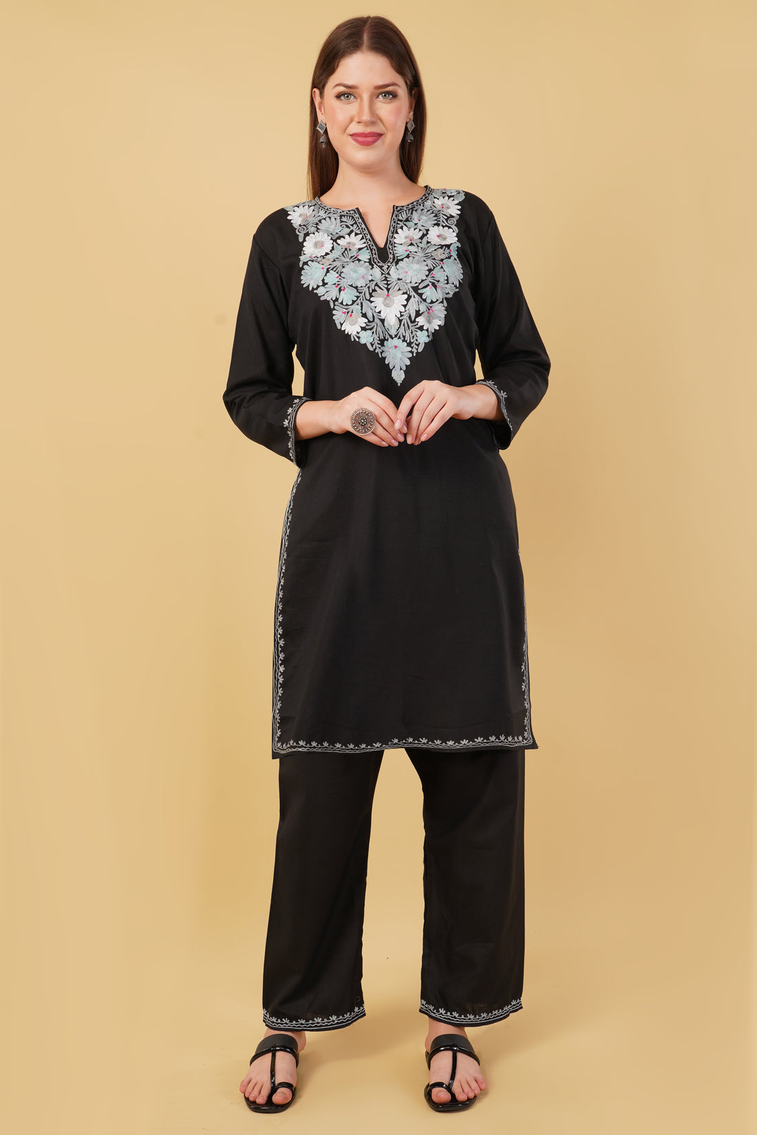 Kashmiri Aari embroidery Cotton Co-ord set Size-42 (Black)