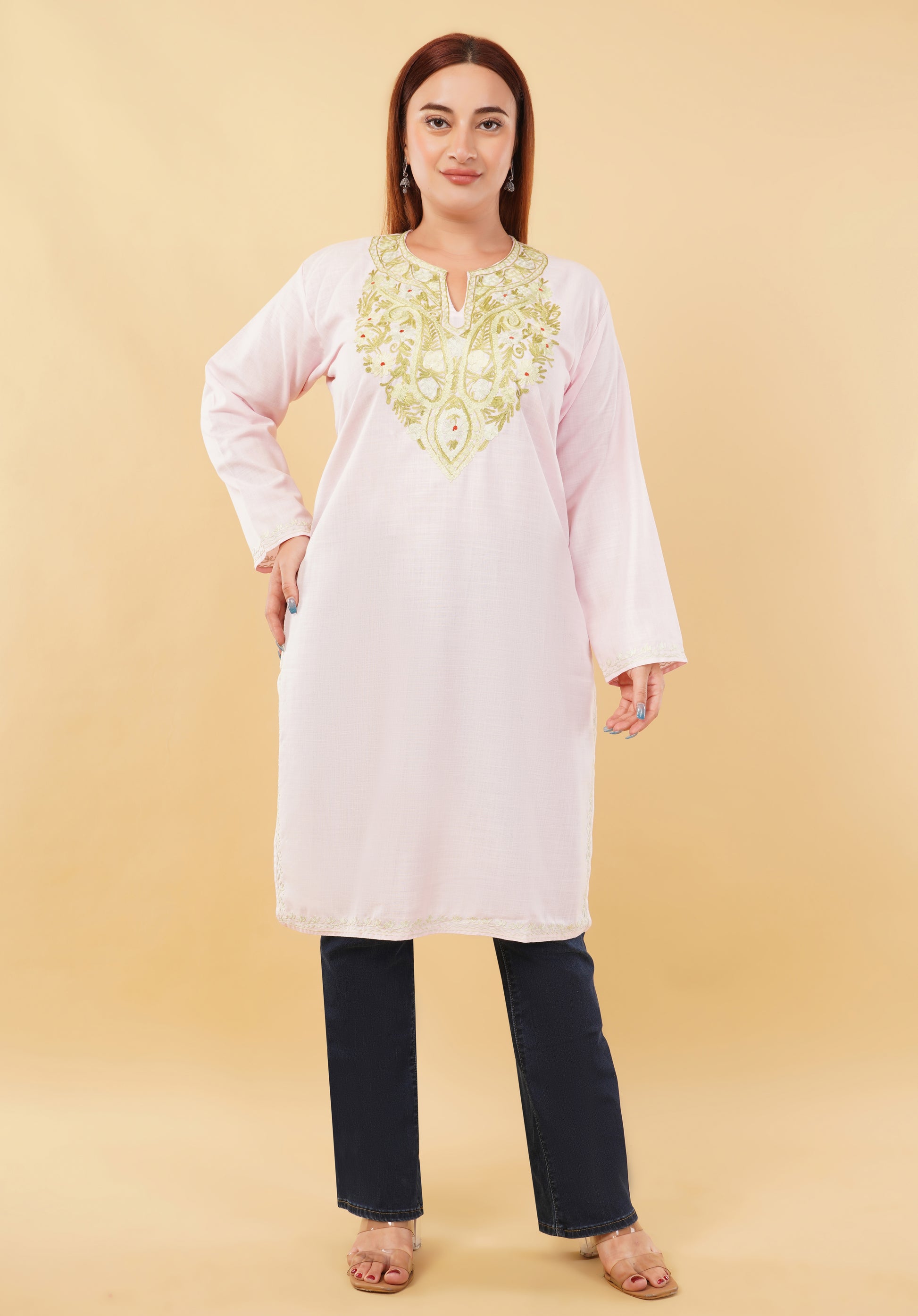 Kashmiri Aari embroidery Cotton Long Kurti Size-46(Baby Pink)