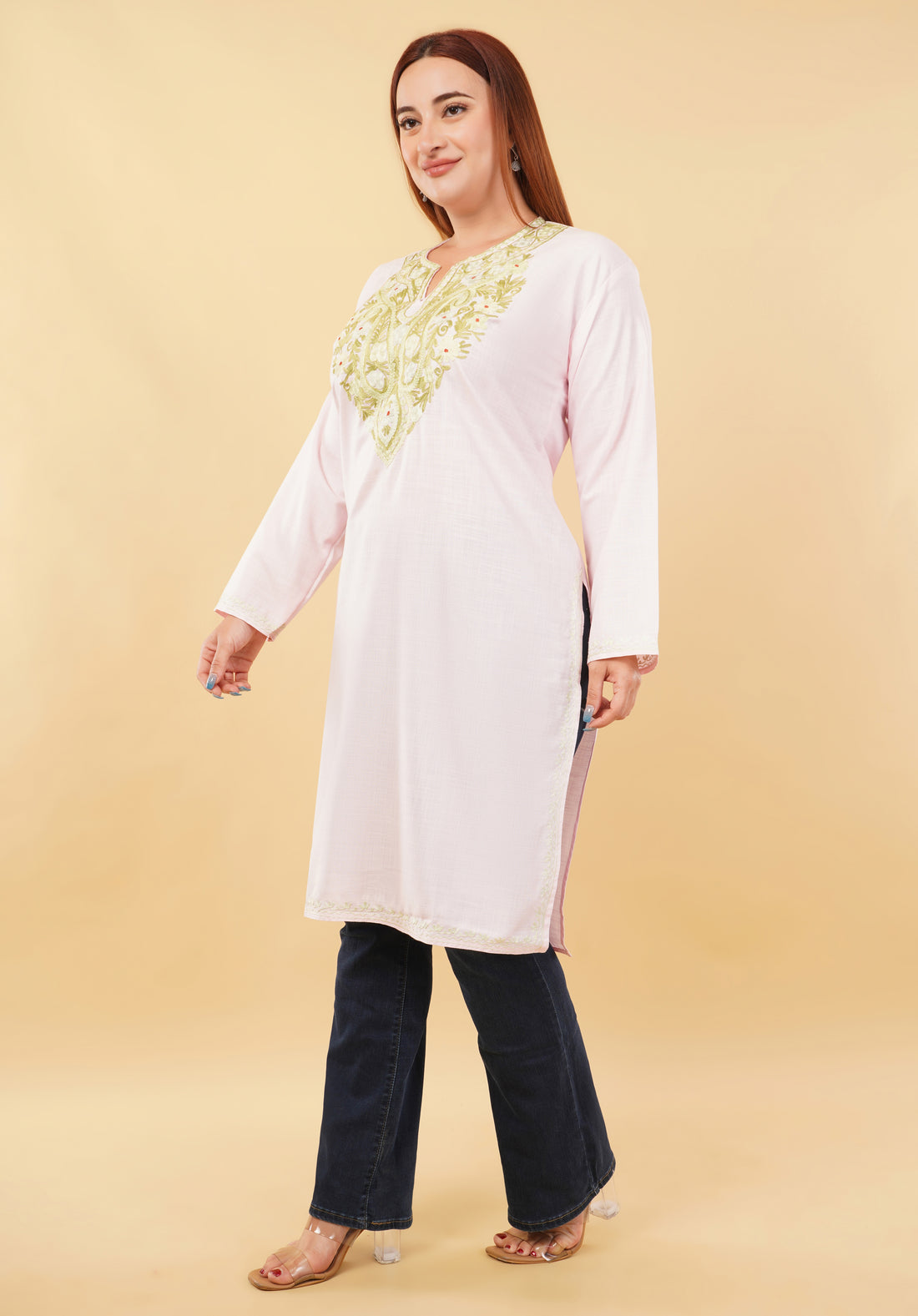 Kashmiri Aari embroidery Cotton Long Kurti Size-46(Baby Pink)