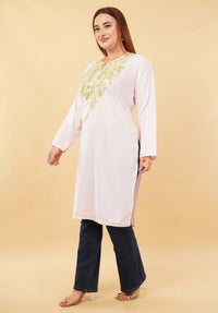 Kashmiri Aari embroidery Cotton Long Kurti Size-46(Baby Pink)