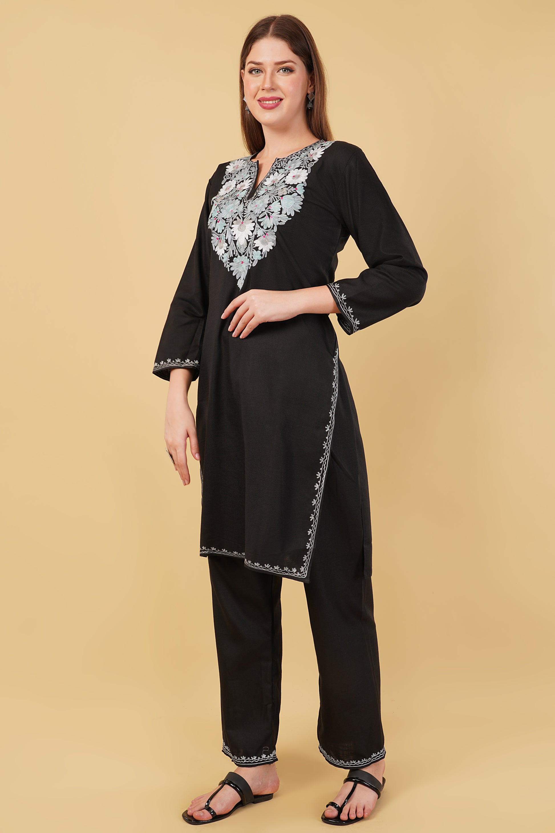 Kashmiri Aari embroidery Cotton Co-ord set Size-42 (Black)