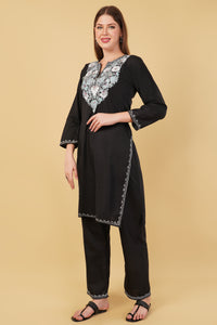 Kashmiri Aari embroidery Cotton Co-ord set Size-42 (Black)
