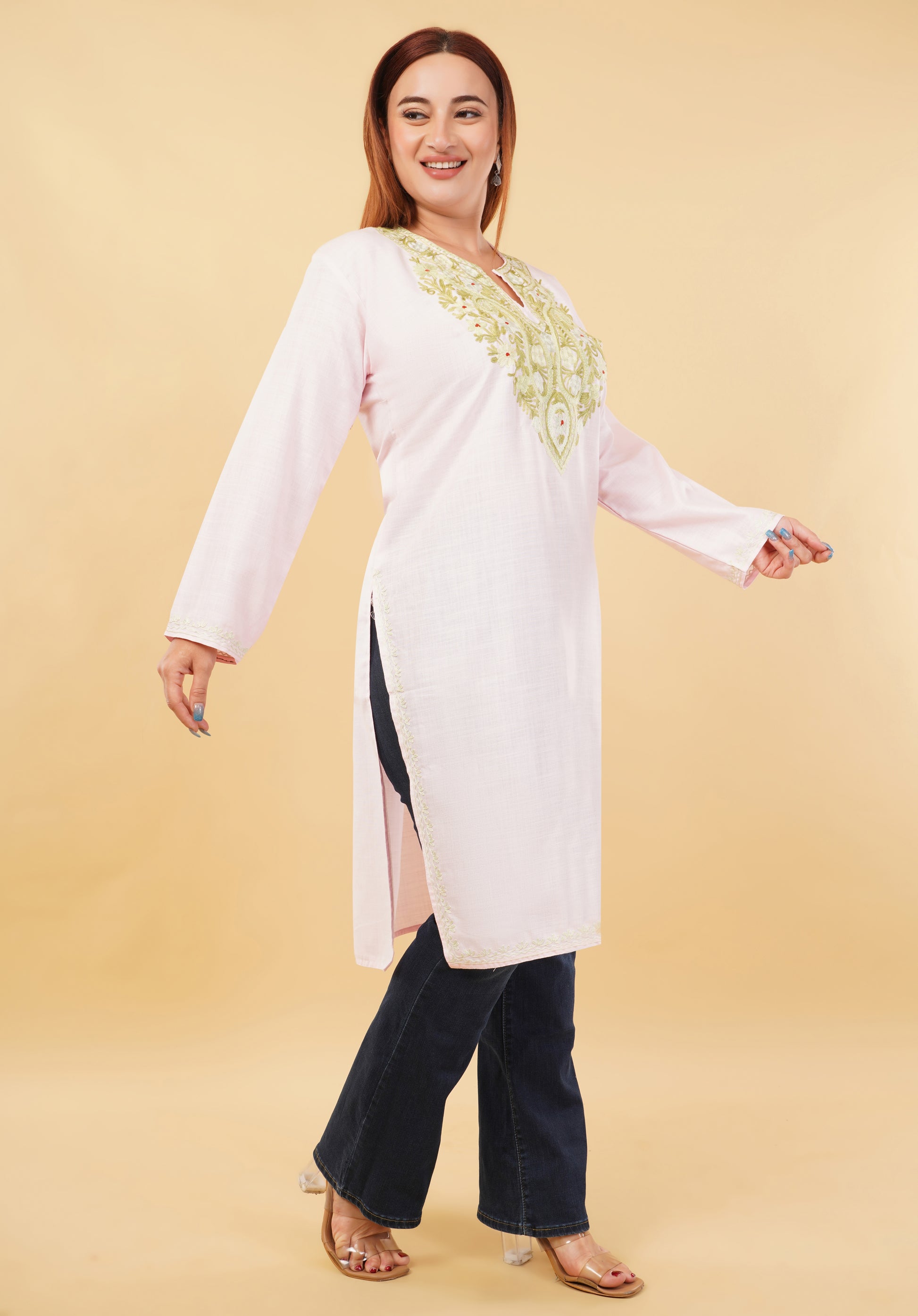 Kashmiri Aari embroidery Cotton Long Kurti Size-46(Baby Pink)