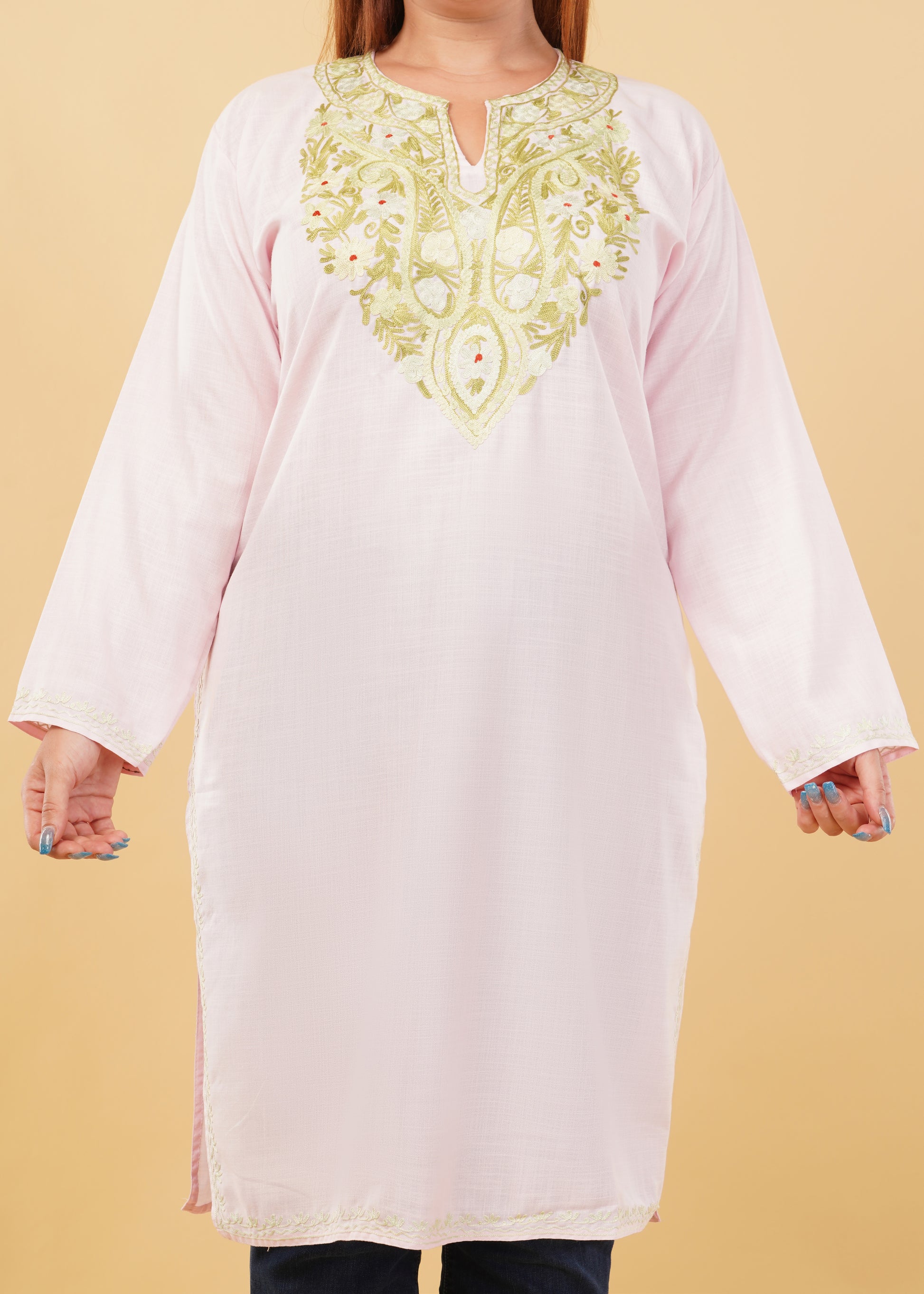 Kashmiri Aari embroidery Cotton Long Kurti Size-46(Baby Pink)