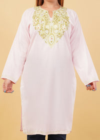 Kashmiri Aari embroidery Cotton Long Kurti Size-46(Baby Pink)