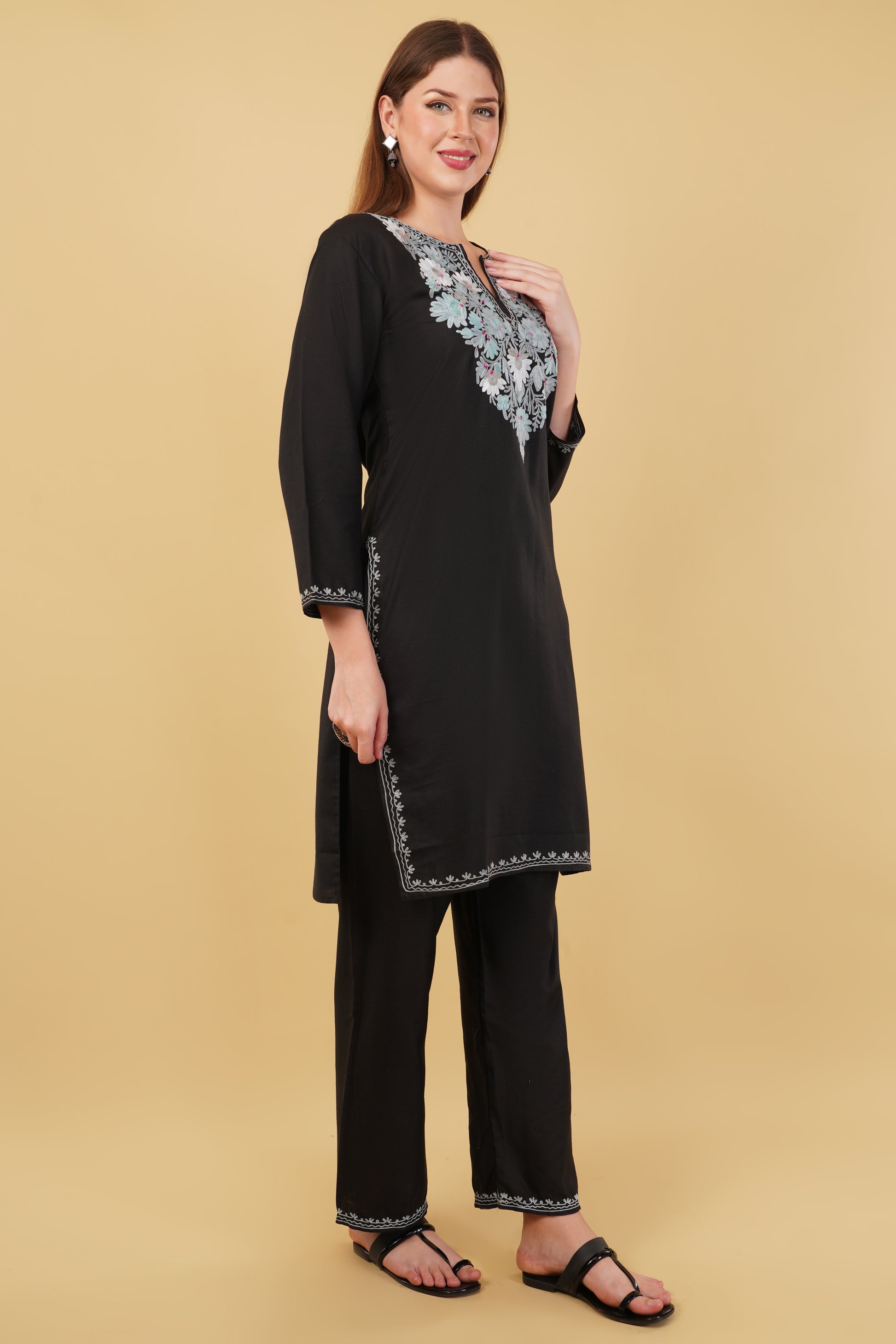 Kashmiri Aari embroidery Cotton Co-ord set Size-42 (Black)