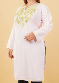 Kashmiri Aari embroidery Cotton Long Kurti Size-46(Baby Pink)