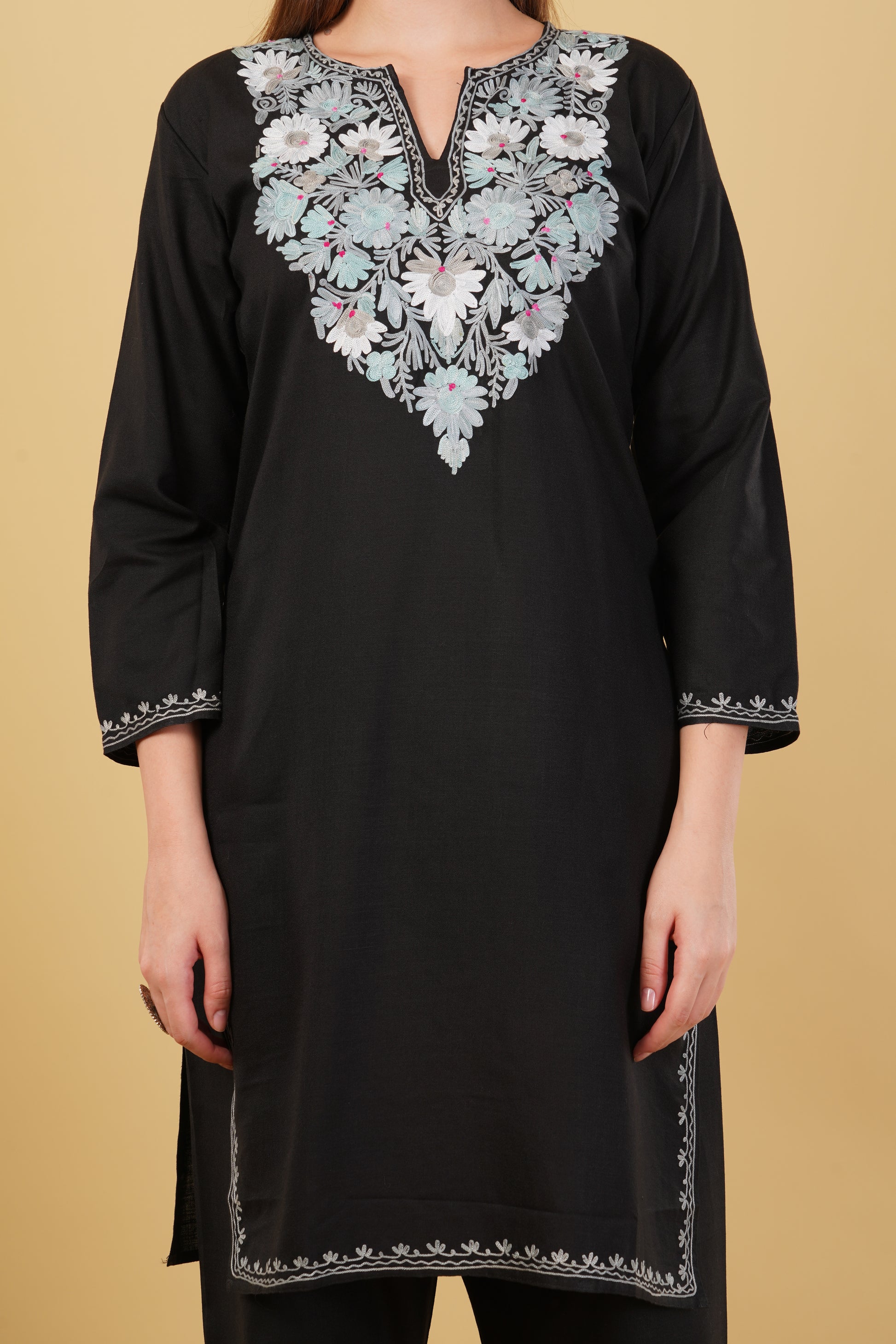 Kashmiri Aari embroidery Cotton Co-ord set Size-42 (Black)