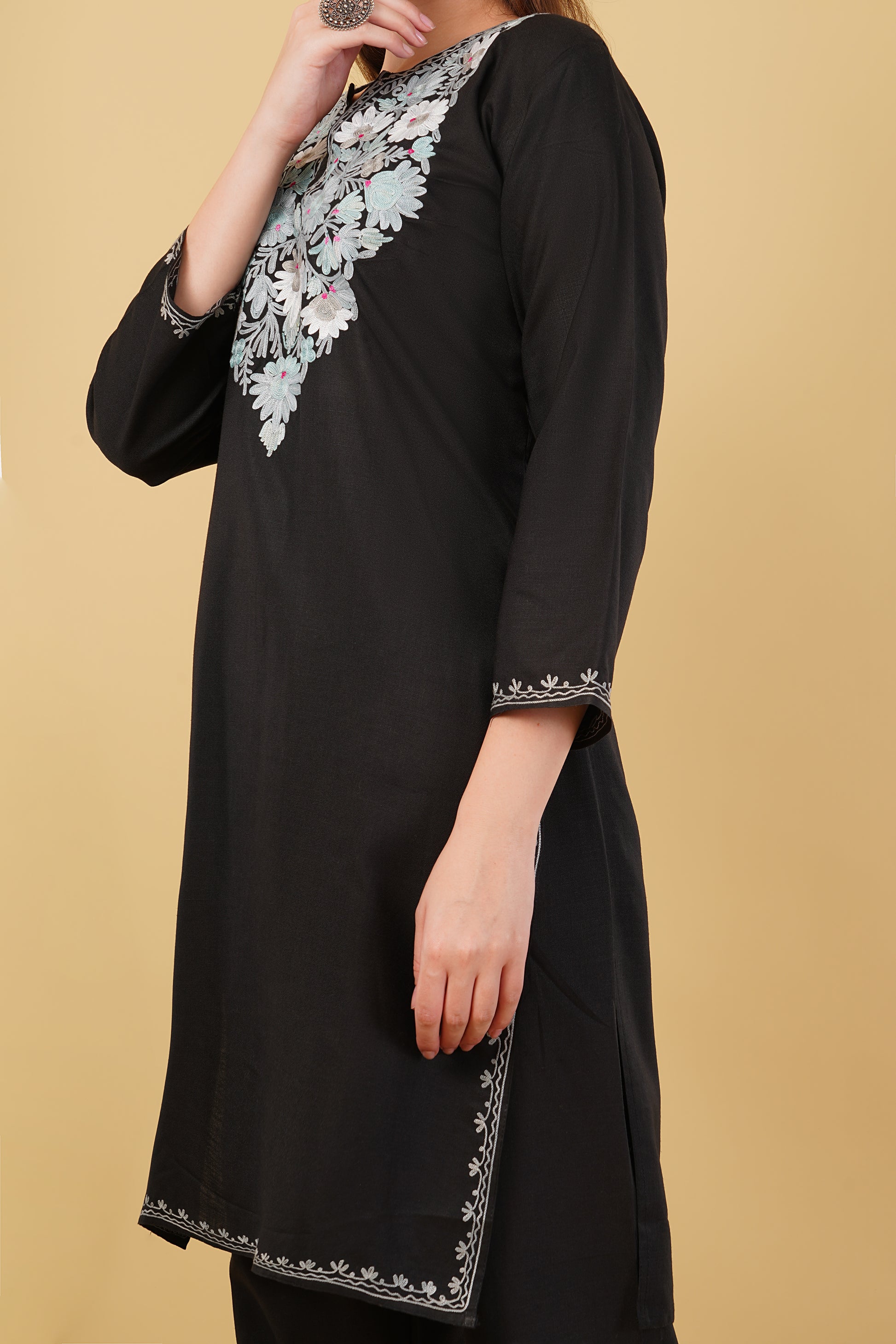 Kashmiri Aari embroidery Cotton Co-ord set Size-42 (Black)