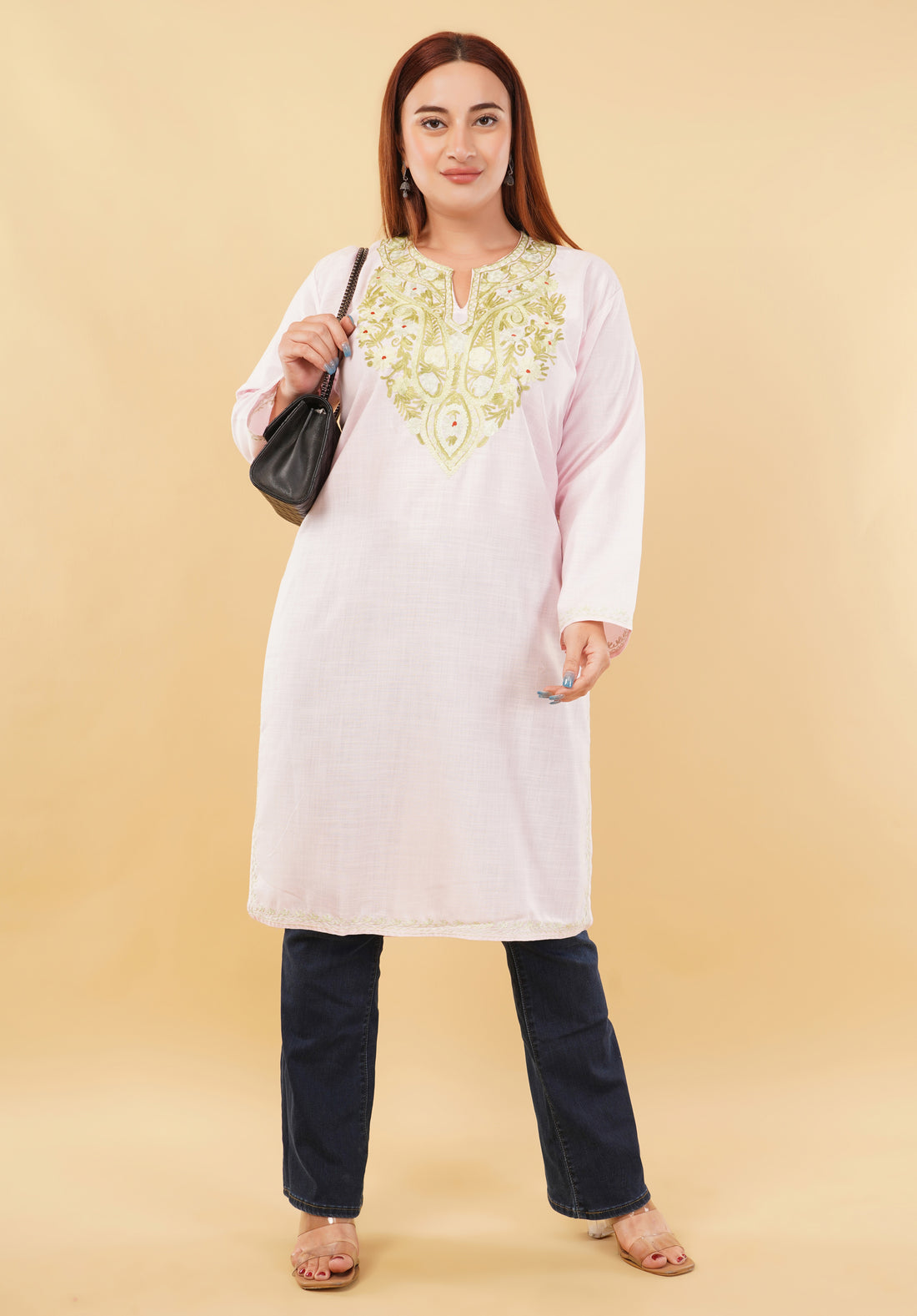 Kashmiri Aari embroidery Cotton Long Kurti Size-46(Baby Pink)