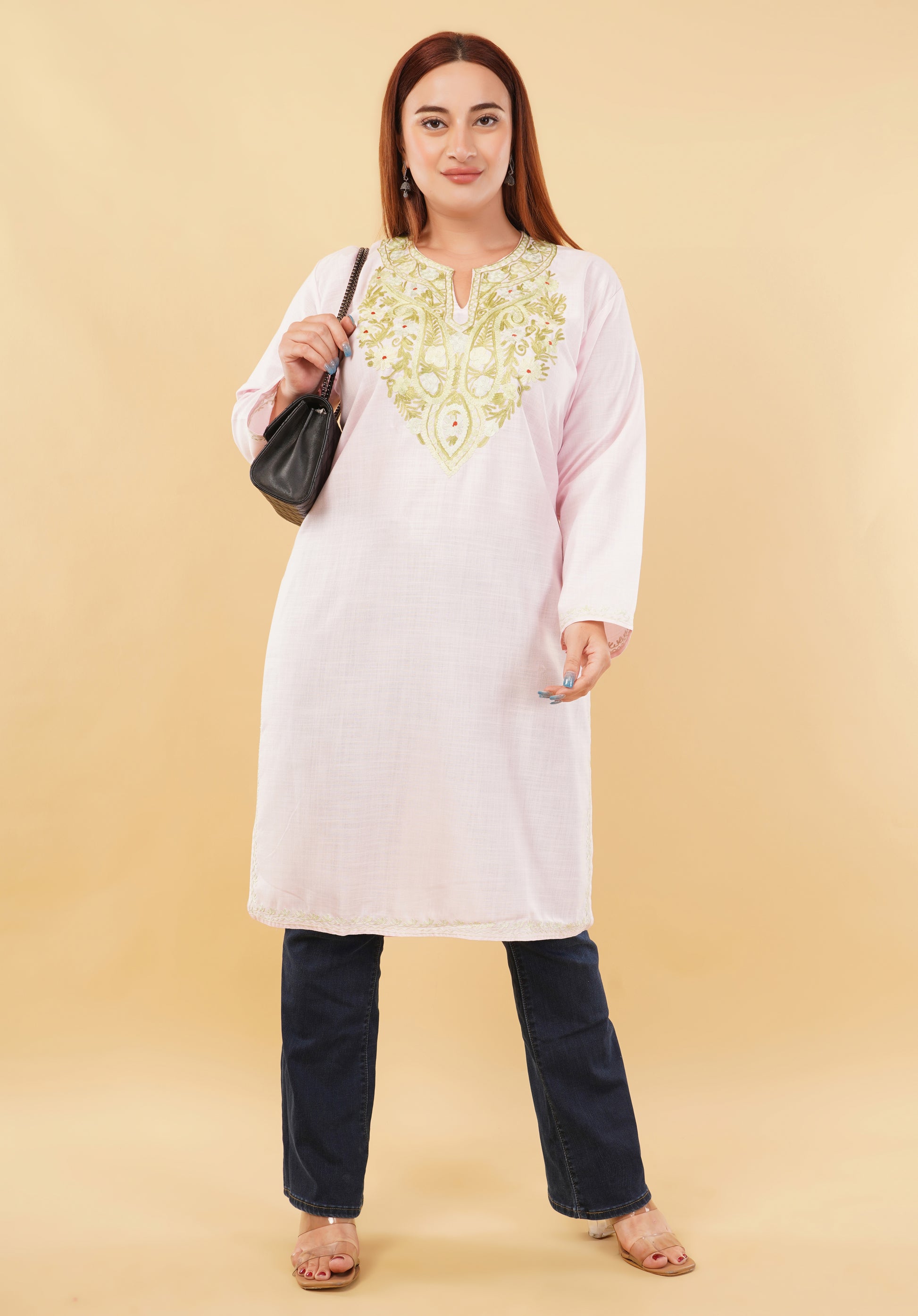 Kashmiri Aari embroidery Cotton Long Kurti Size-46(Baby Pink)