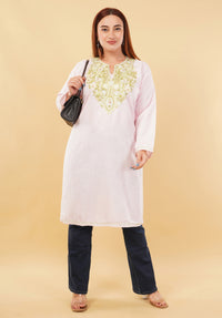 Kashmiri Aari embroidery Cotton Long Kurti Size-46(Baby Pink)