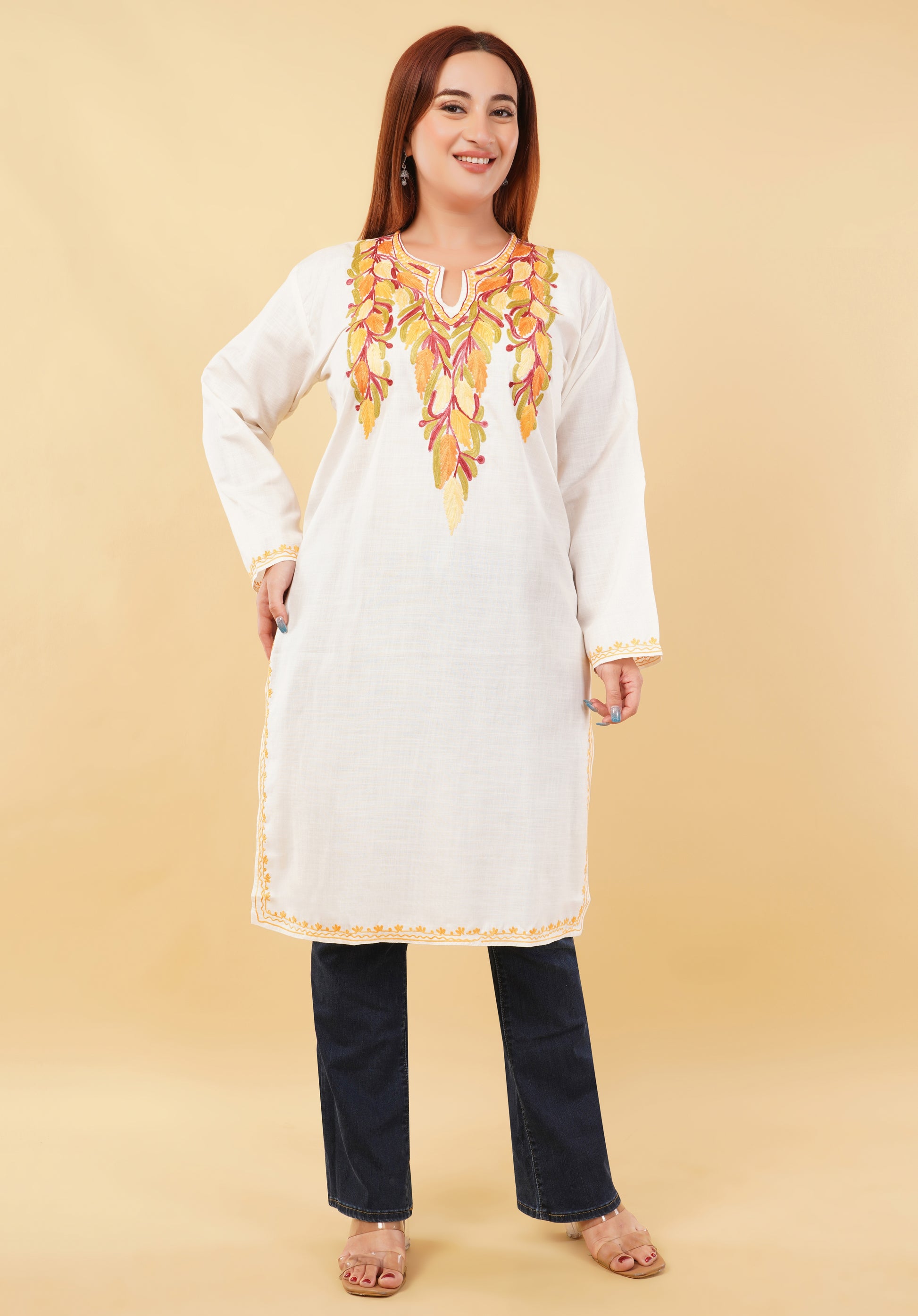 Kashmiri Aari embroidery Cotton Long Kurti Size-46(White)