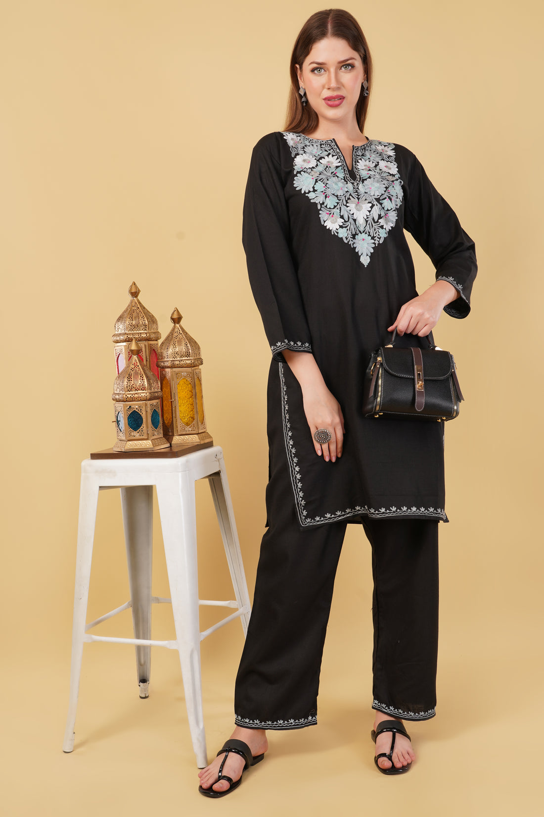 Kashmiri Aari embroidery Cotton Co-ord set Size-42 (Black)
